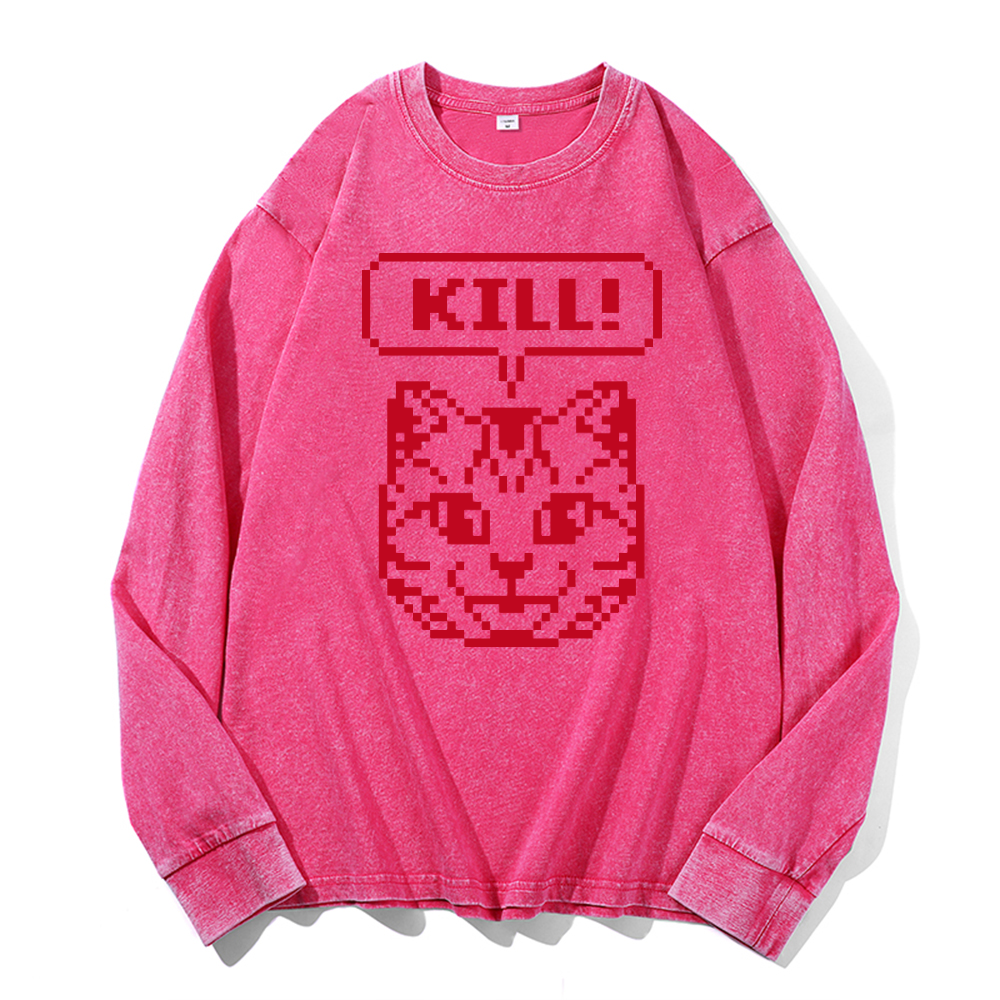 Cat Vintage Cotton Wash Crewneck Long-Sleeve T-Shirt