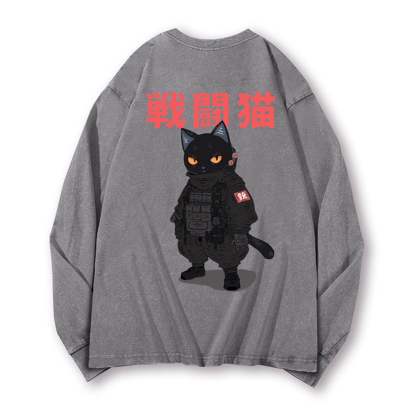 Battle Black Cat Vintage Washed Cotton Back Art Long-sleeve T-shirt