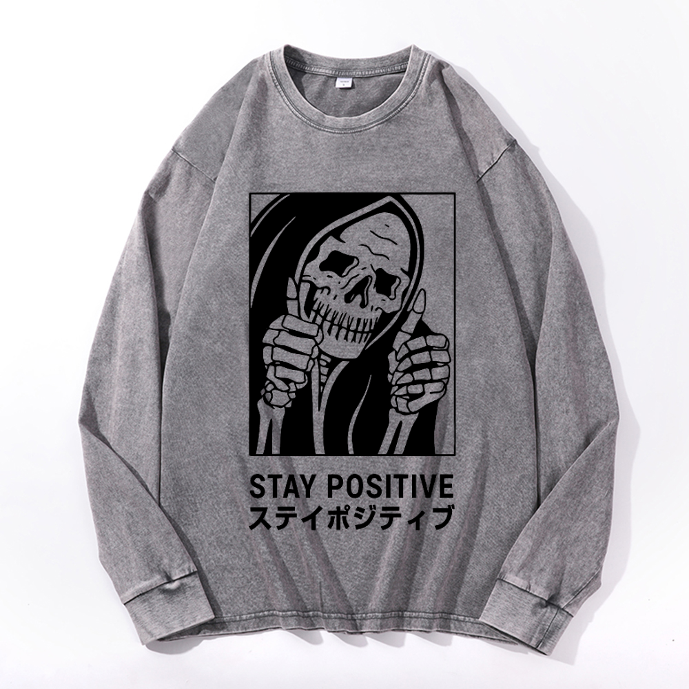 Stay Positive Skull Vintage Cotton Wash Crewneck Sweatshirt