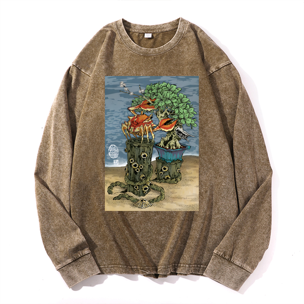 Bonsai Vintage Cotton Wash Crewneck Long-Sleeve T-Shirt