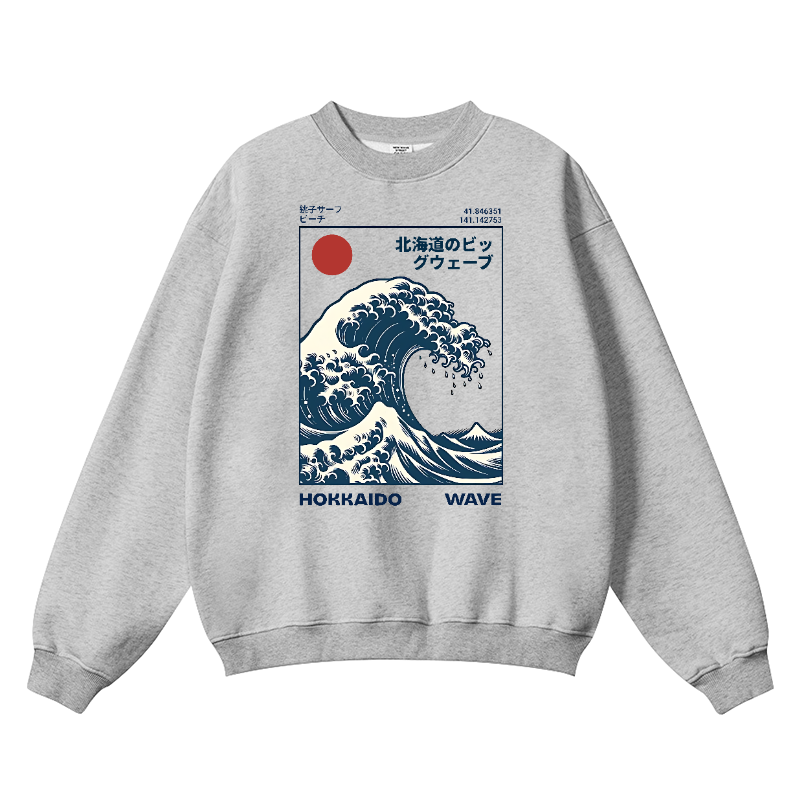 Hokkaido Wave Ukiyoe Vintage Cotton Blend Crewneck Sweatshirt