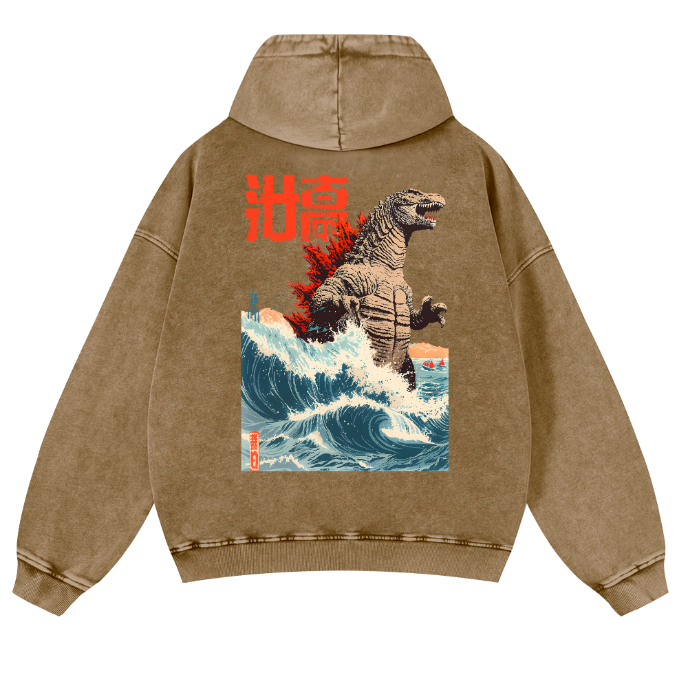 Kaiju Wave Vintage Washed Cotton Back Art Hoodie