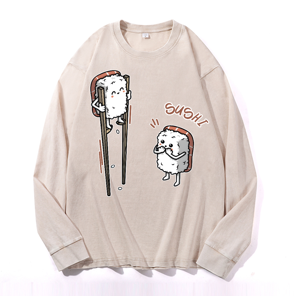 Sushi Vintage Cotton Wash Crewneck Long-Sleeve T-Shirt