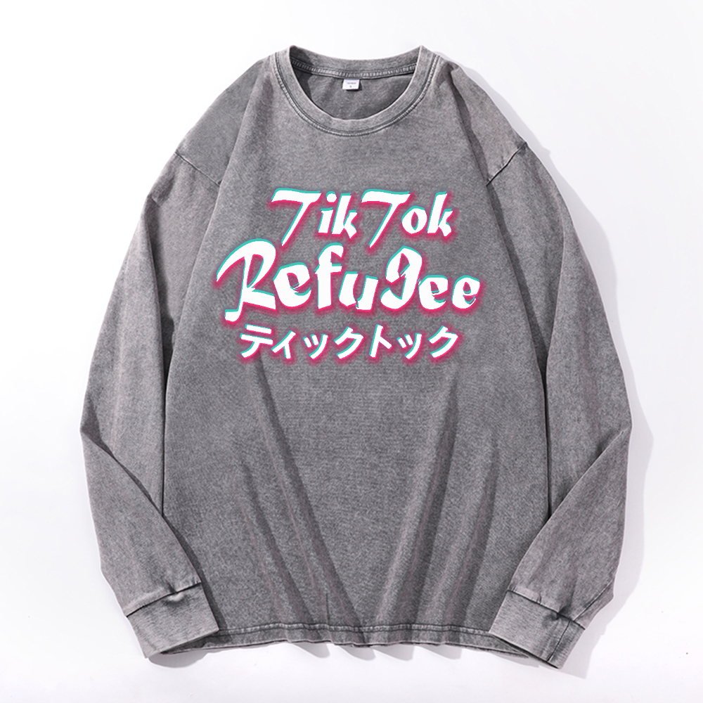 Tik Tok Refugee Vintage Cotton Wash Crewneck Long-Sleeve T-Shirt