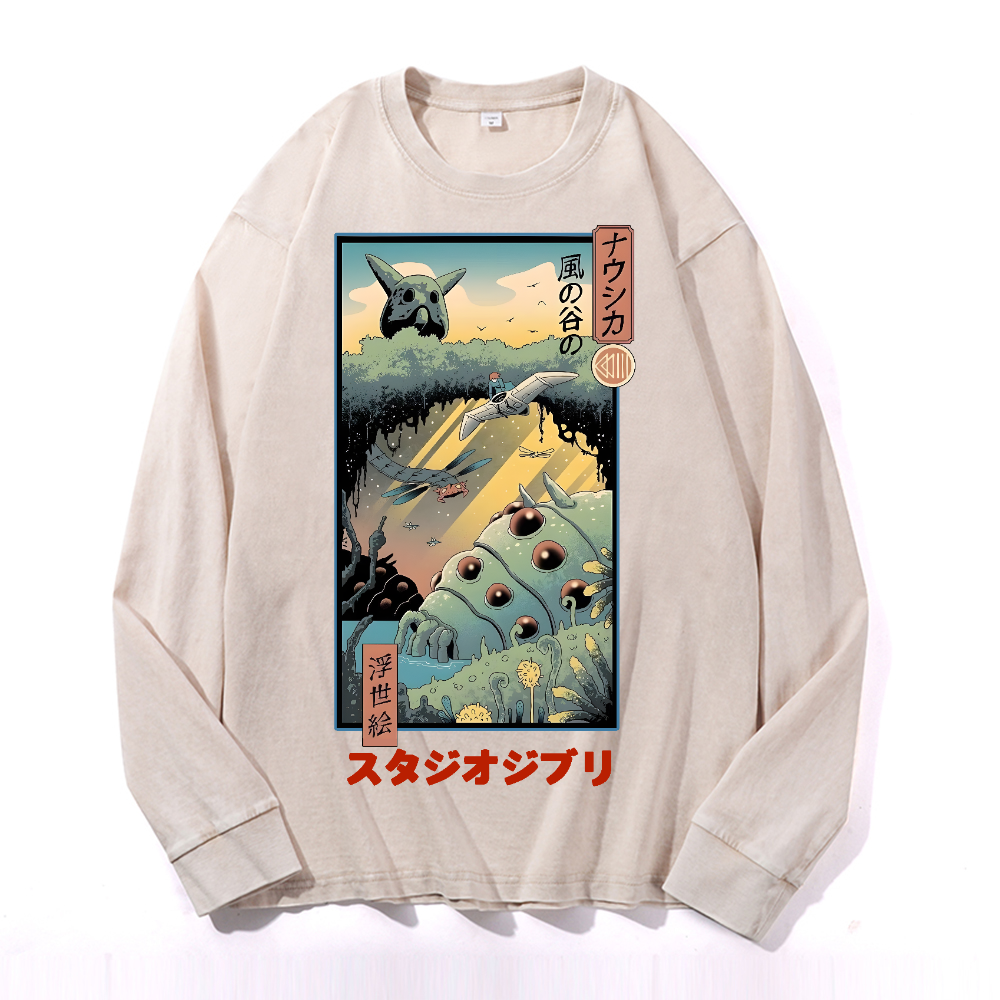 Ghibl iNausicaä of the Valley of the Wind  Anime Vintage Cotton Wash Crewneck Long-Sleeve T-Shirt