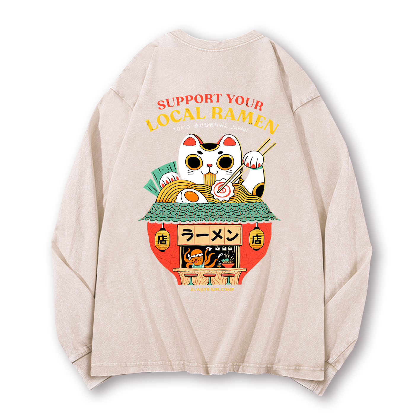 Ramen Lucky Cat Vintage Washed Cotton Back Art Long-sleeve T-shirt