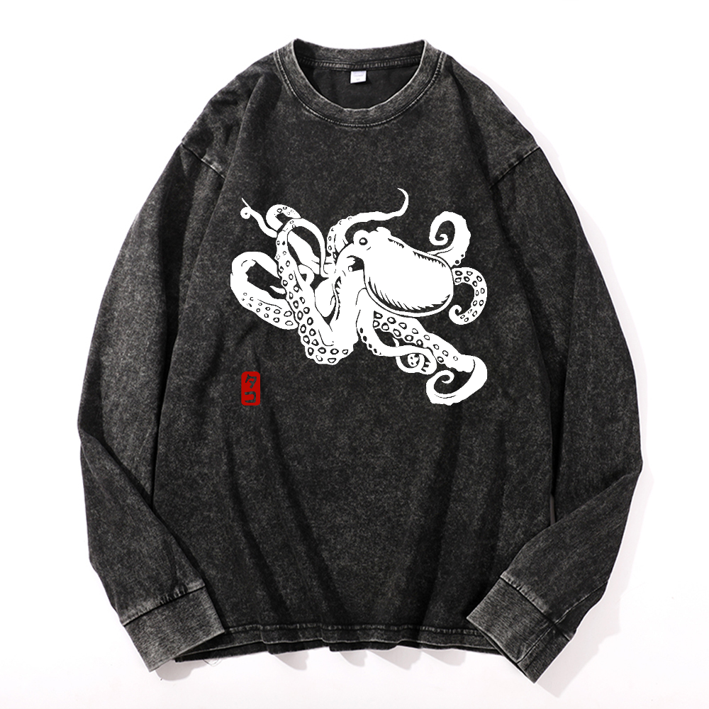 Octopus Vintage Cotton Wash Crewneck Long-Sleeve T-Shirt