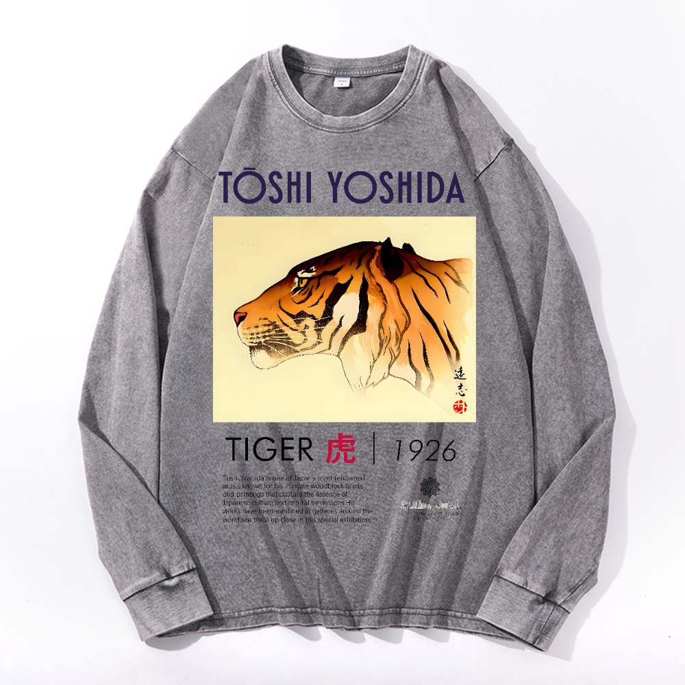 Tiger Vintage Cotton Wash Crewneck Long-Sleeve T-Shirt