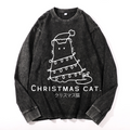 Christmas Cat Vintage Cotton Wash Crewneck Long-Sleeve T-Shirt