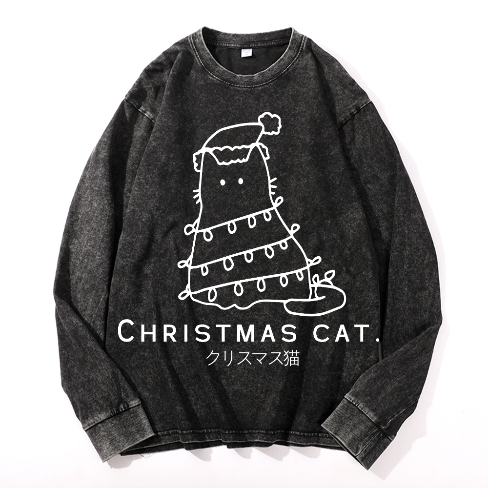 Christmas Cat Vintage Cotton Wash Crewneck Long-Sleeve T-Shirt