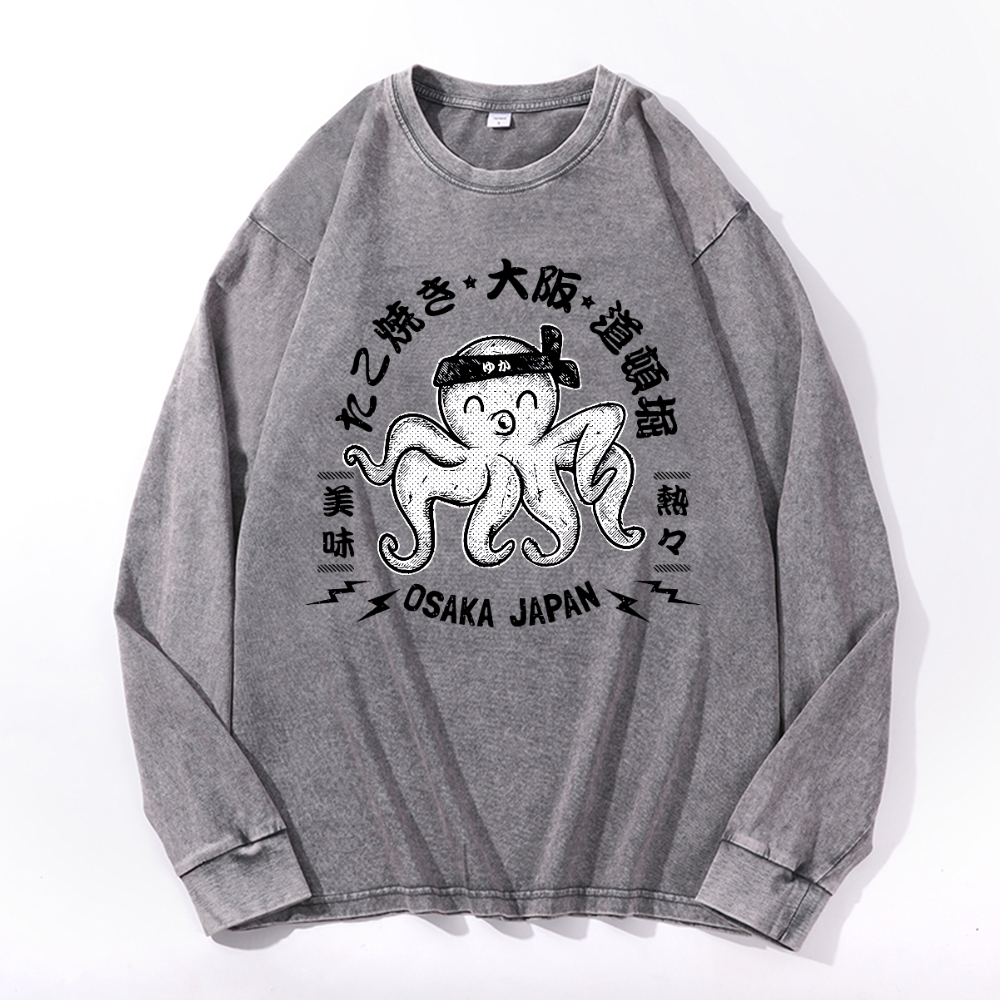 Octopus Takoyaki Osaka Japan Vintage Cotton Wash Crewneck Long-Sleeve T-Shirt