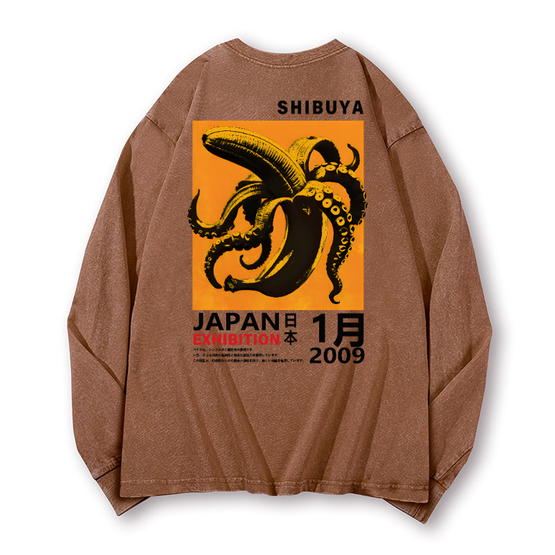 Shibuya Banana Octopus Vintage Washed Cotton Back Art Long-sleeve T-shirt