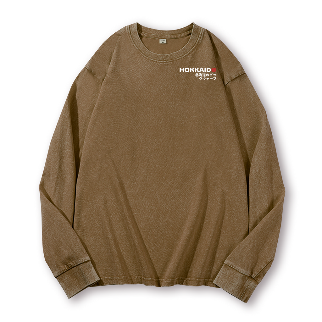 Hokkaido Wave Ukiyoe Vintage Washed Cotton Back Art Long-sleeve T-shirt