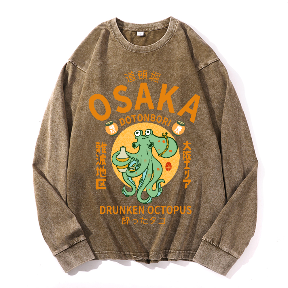 Osaka Dotonbori Drunken Octopus Vintage Cotton Wash Crewneck Long-Sleeve T-Shirt