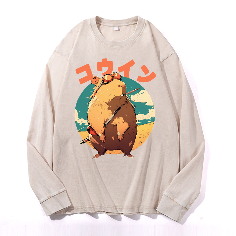 Capybara Vintage Cotton Wash Crewneck Long-Sleeve T-Shirt