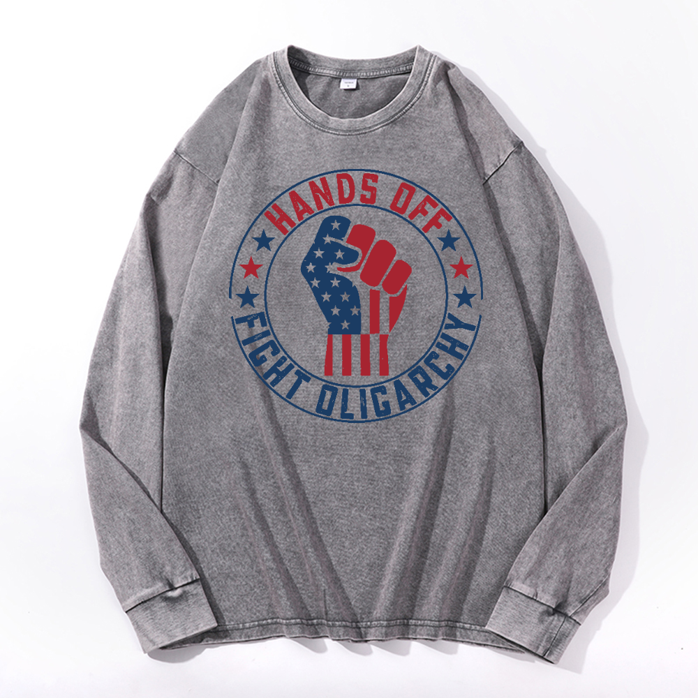 Hands Off Fight Oligarchy Vintage Cotton Wash Long-sleeve T-shirt
