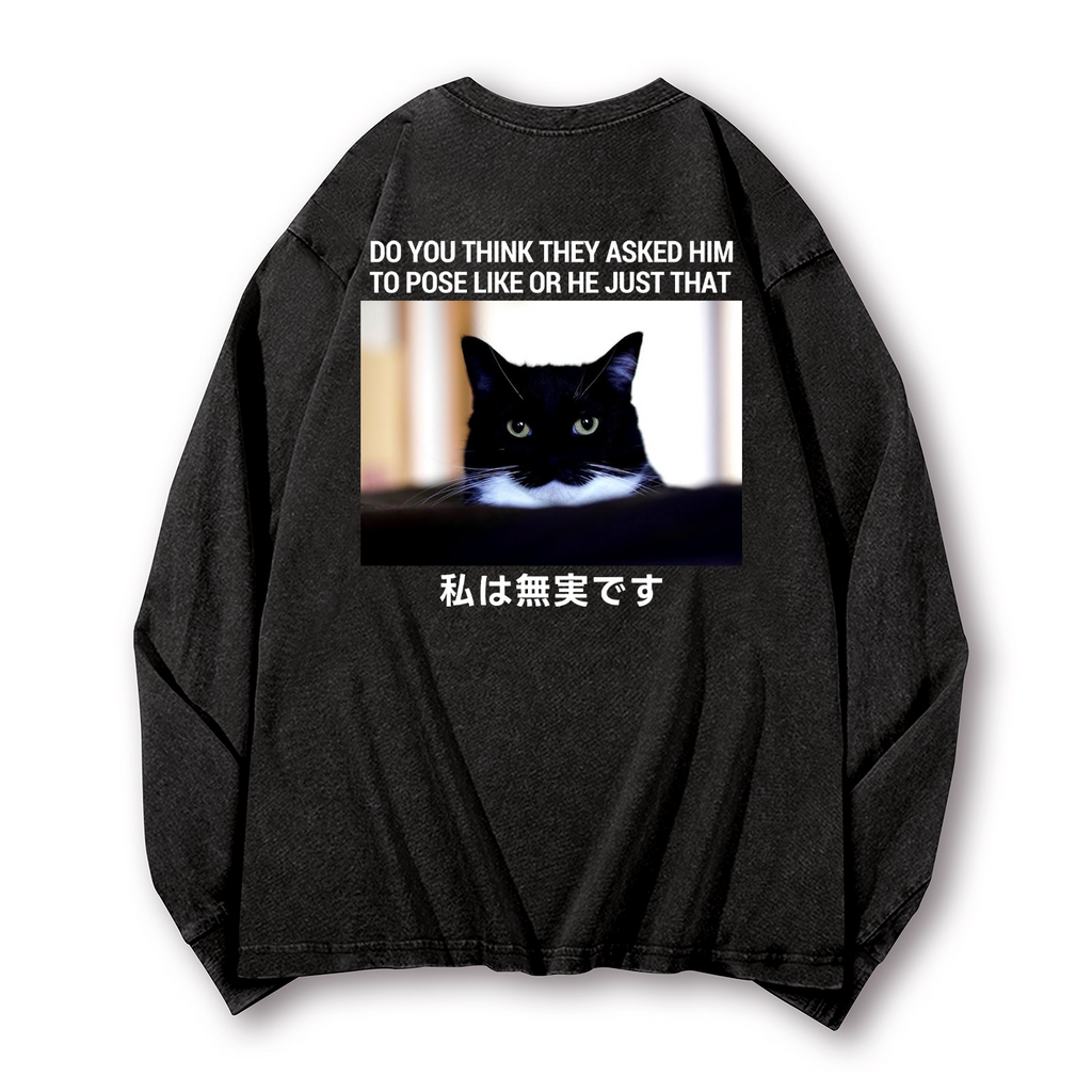Cat Vintage Washed Cotton Back Art Long-sleeve T-shirt