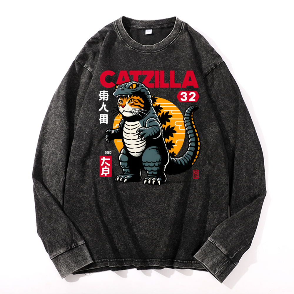 Catzilla Cat Kaiju Vintage Cotton Wash Crewneck Long-Sleeve T-Shirt