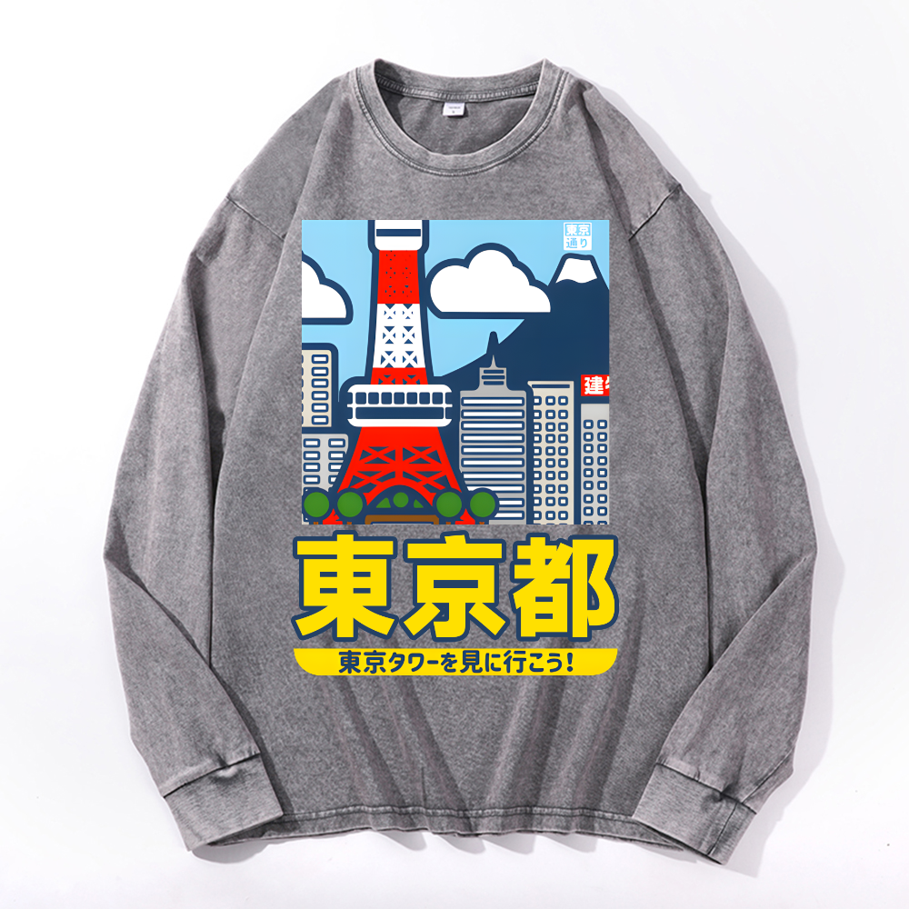 Tokyo Tower Vintage Cotton Wash Crewneck Long-Sleeve T-Shirt