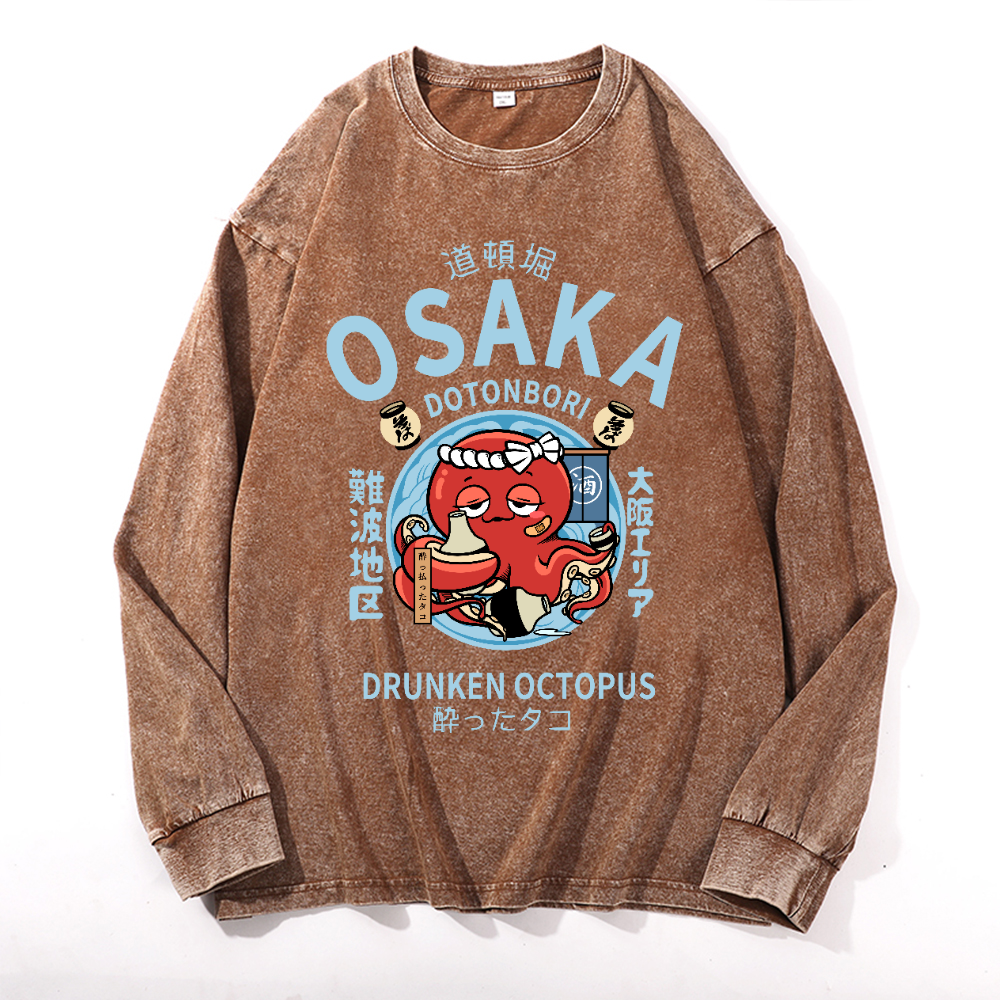Osaka Dotonbori Drunken Octopus Vintage Cotton Wash Crewneck Long-Sleeve T-Shirt