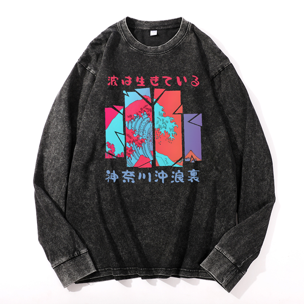 The Great Wave off Kanagawa Vintage Cotton Wash Long-sleeve T-shirt