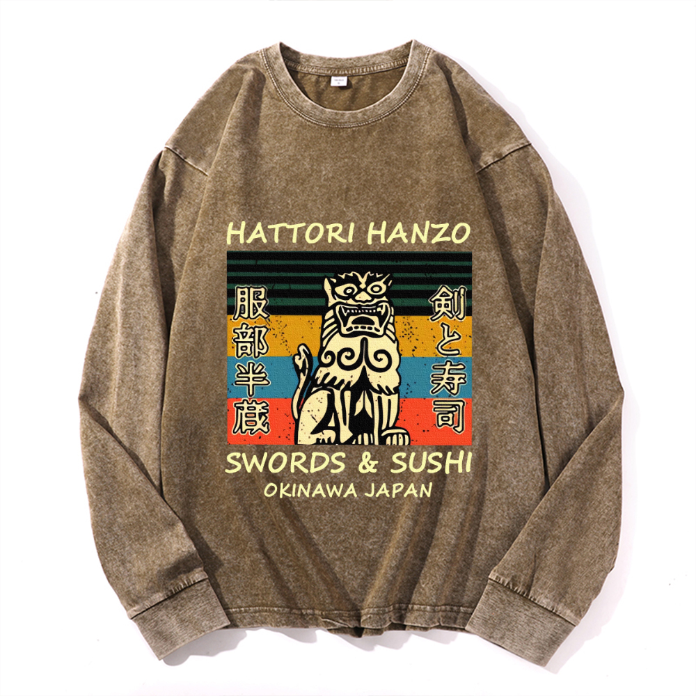 Hattori Hanzo Komainu Okinawa Japan Vintage Cotton Wash Crewneck Long-Sleeve T-Shirt