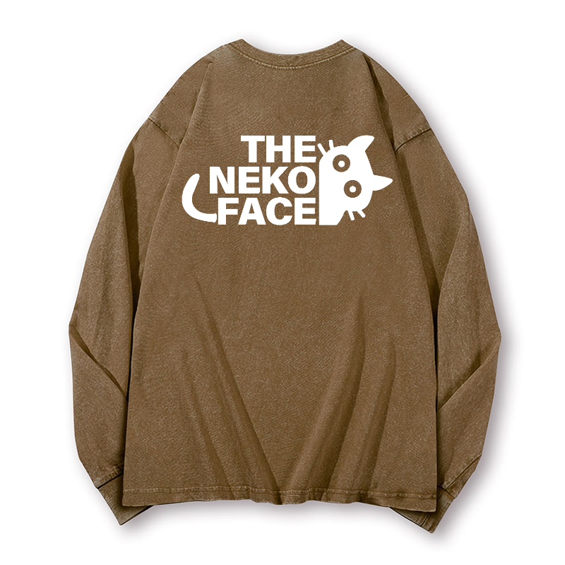 The Neko Face Vintage Washed Cotton Back Art Long-sleeve T-shirt
