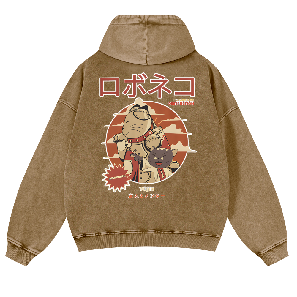 Cat Anime Vintage Washed Cotton Back Art Hoodie