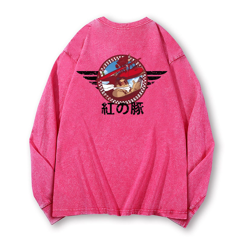 Ghibli Porco Rosso Vintage Washed Cotton Back Art Long-sleeve T-shirt