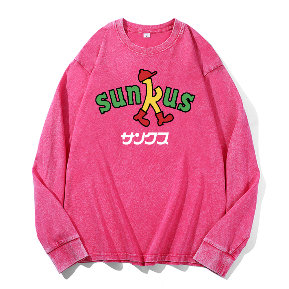 Sunkus Vintage Cotton Wash Crewneck Long-Sleeve T-Shirt
