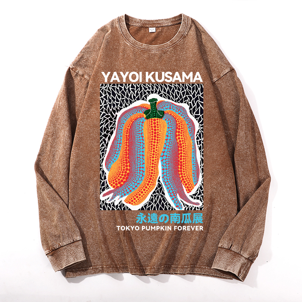 Yayoi Kusama Pumpkin Vintage Cotton Wash Crewneck Long-Sleeve T-Shirt