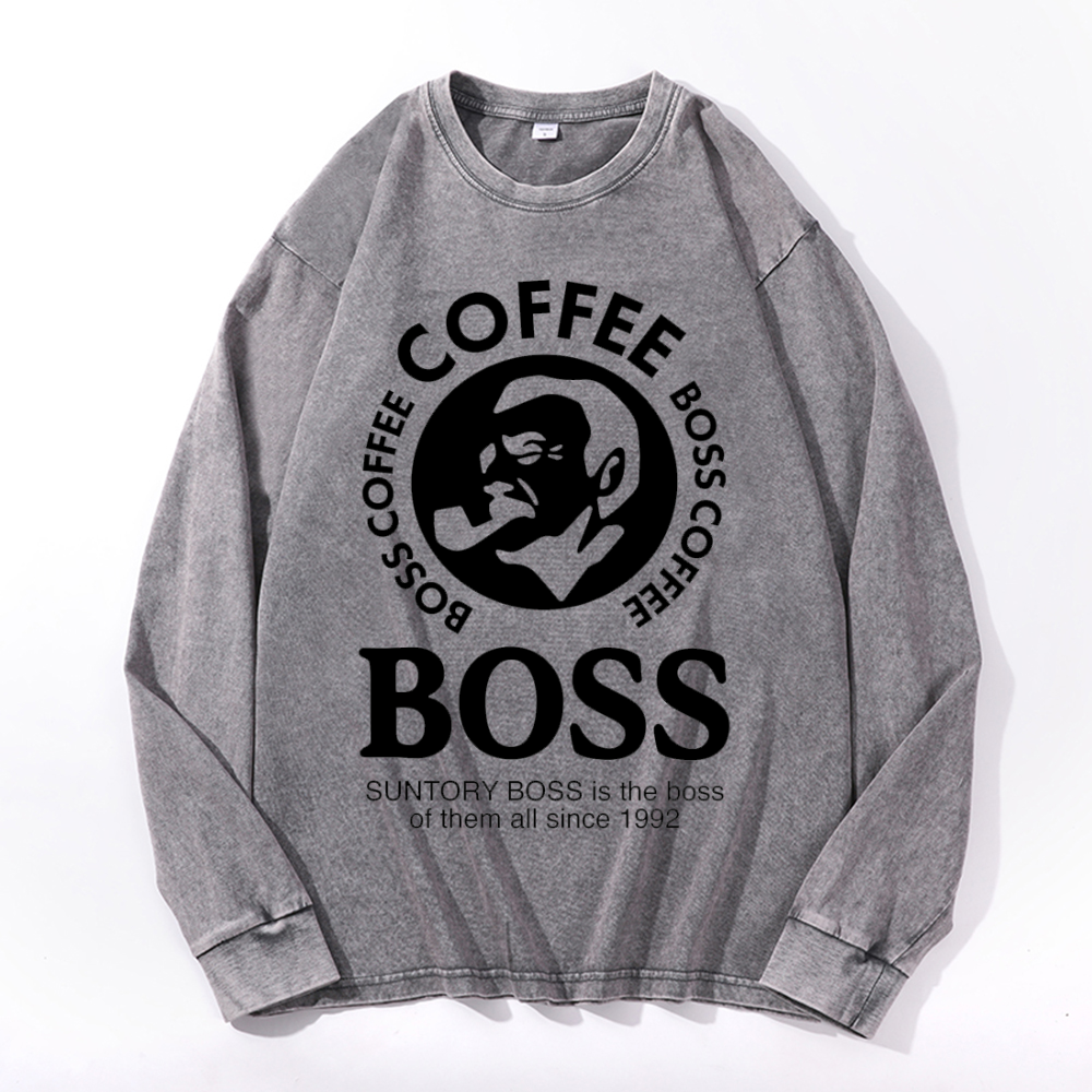 Coffee Boss Vintage Cotton Wash Crewneck Long-Sleeve T-Shirt