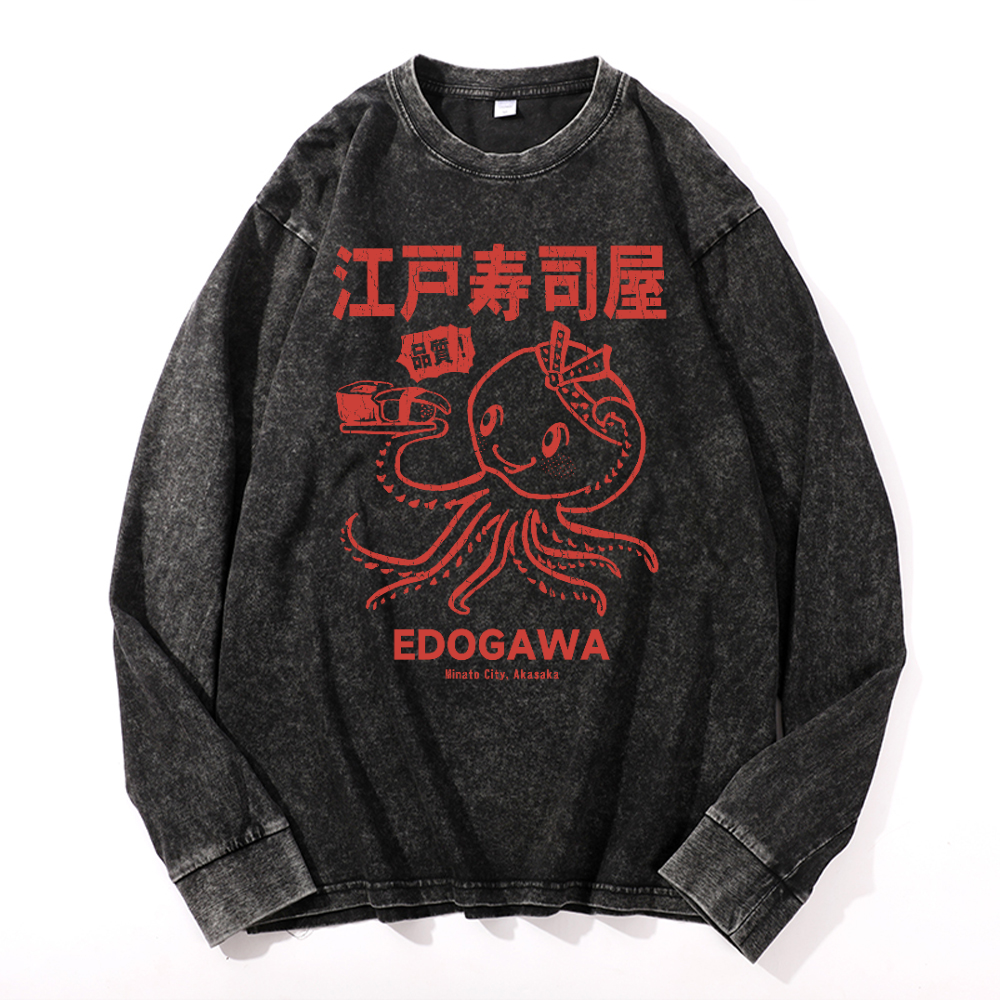 Edogawa Octopus Vintage Cotton Wash Crewneck Long-Sleeve T-Shirt