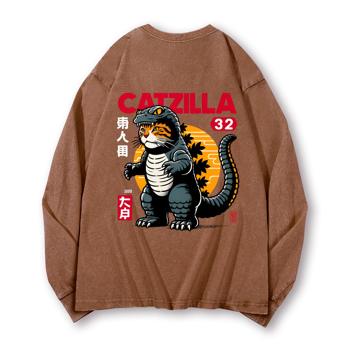 Cat Kaiju Catzilla Vintage Washed Cotton Back Art Long-sleeve T-shirt