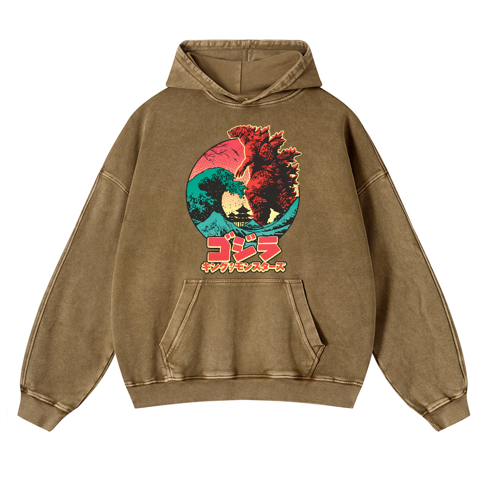 Kaiju Wave Vintage Washed Thick Cotton Hoodie