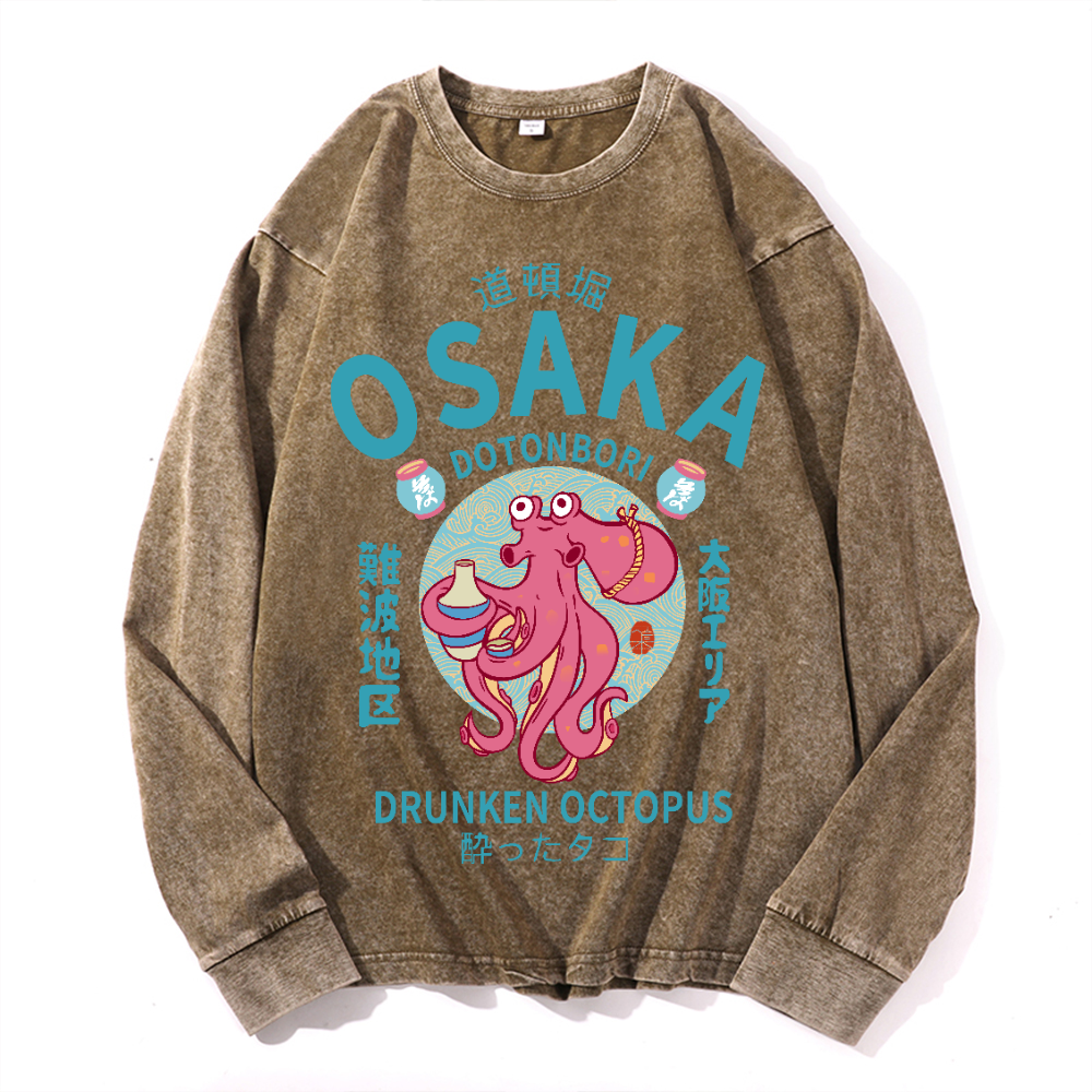 Osaka Dotonbori Drunken Octopus Vintage Cotton Wash Crewneck Long-Sleeve T-Shirt