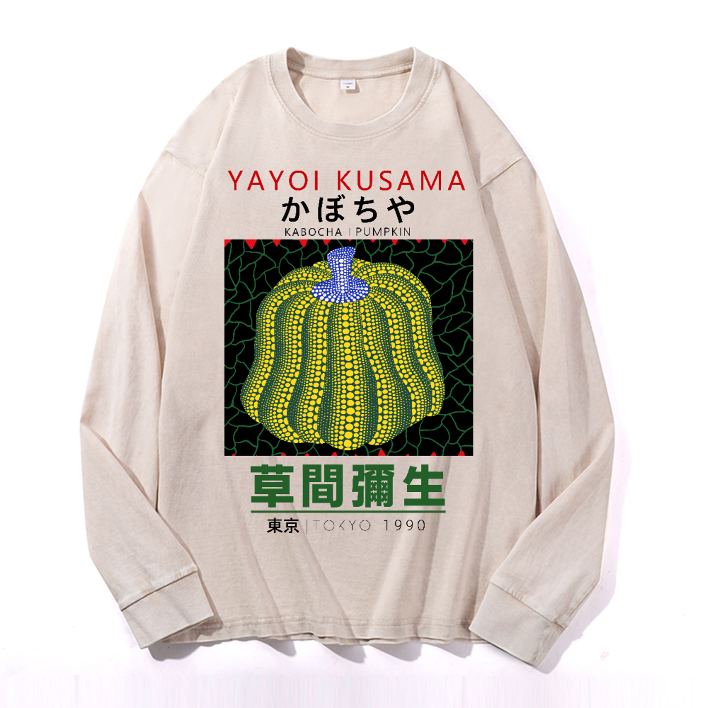 Yayoi Kusama Pumpkin Vintage Cotton Wash Crewneck Long-Sleeve T-Shirt