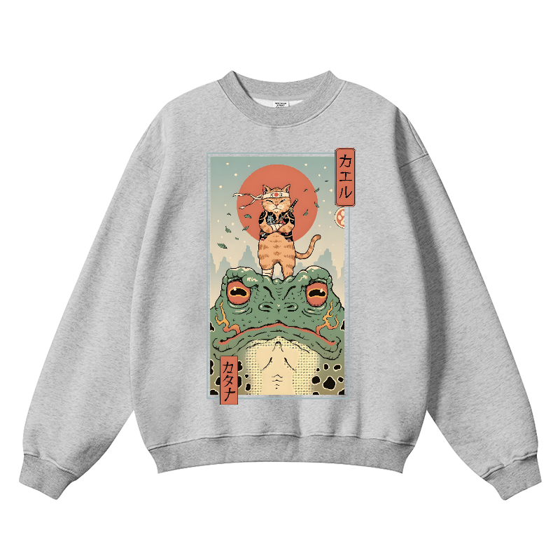 Cat Ninja Frog Vintage Cotton Blend Crewneck Sweatshirt
