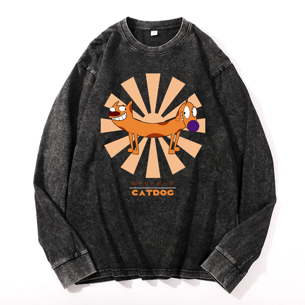 Catdog Vintage Cotton Wash Crewneck Long-Sleeve T-Shirt