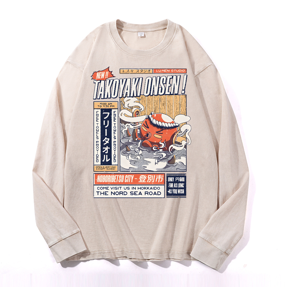 Takoyaki Octopus Vintage Cotton Wash Crewneck Long-Sleeve T-Shirt