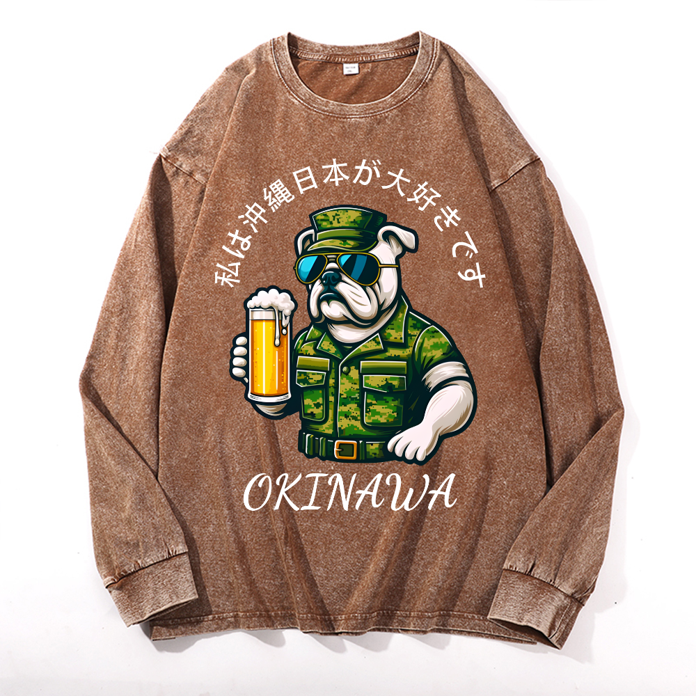 Okinawa Dog Vintage Cotton Wash Crewneck Long-Sleeve T-Shirt