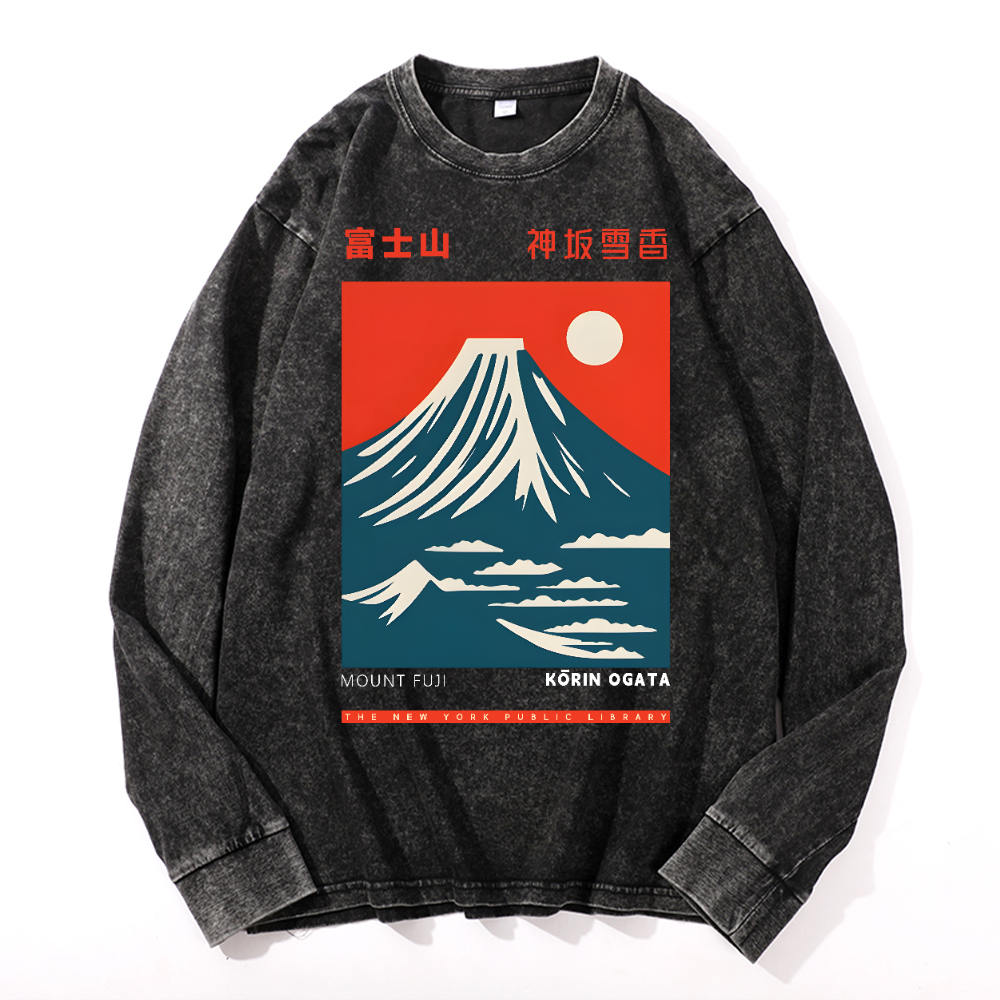 Mount Fuji Vintage Cotton Wash Crewneck Long-Sleeve T-Shirt