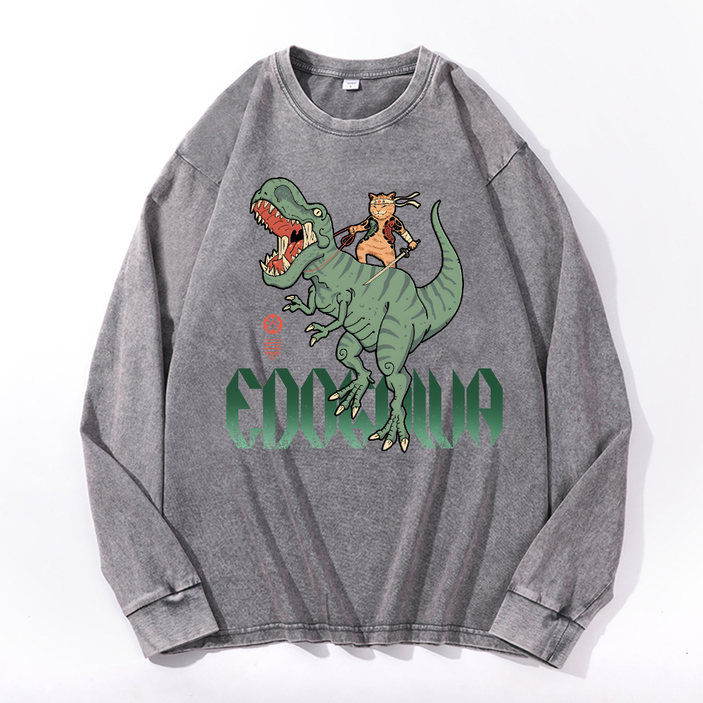 Cat T-Rex Vintage Cotton Wash Crewneck Long-Sleeve T-Shirt