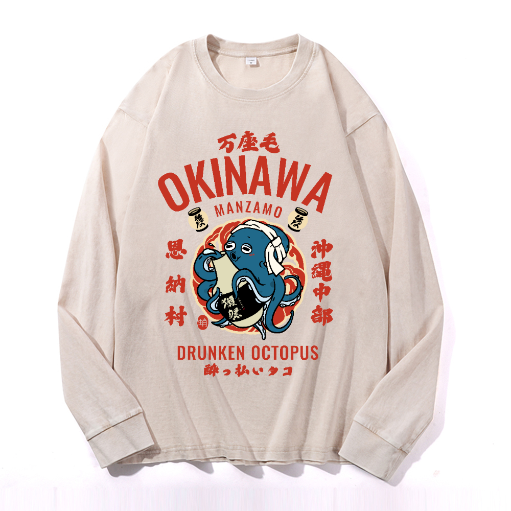 Okinawa Manzamo Drunken Octopus Vintage Cotton Wash Crewneck Long-Sleeve T-Shirt