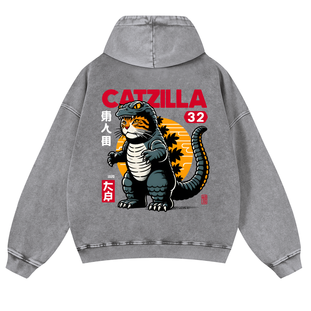 Cat Kaiju Catzilla Vintage Washed Cotton Back Art Hoodie