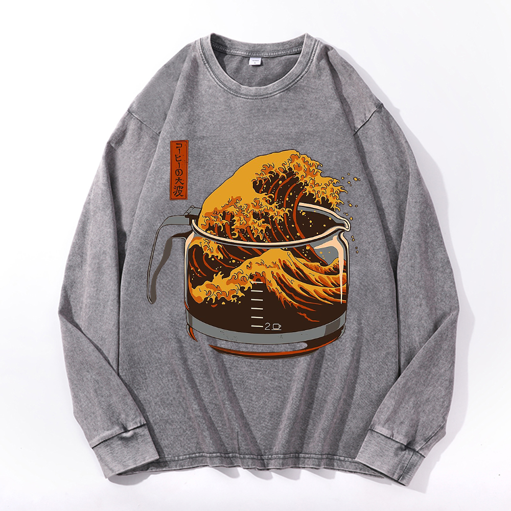 The Great Wave off Kanagawa Vintage Cotton Wash Crewneck Long-Sleeve T-Shirt