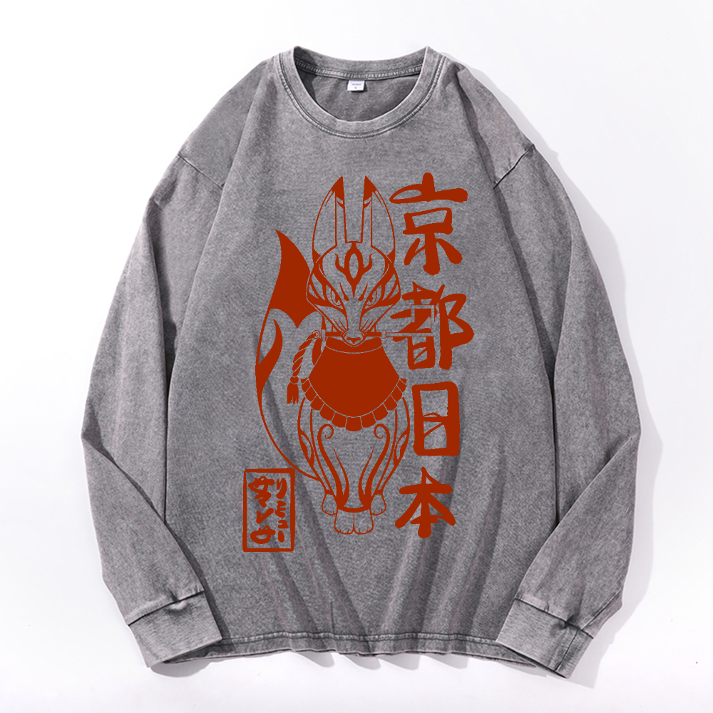 Kyoto Kitsune Vintage Cotton Wash Crewneck Long-Sleeve T-Shirt