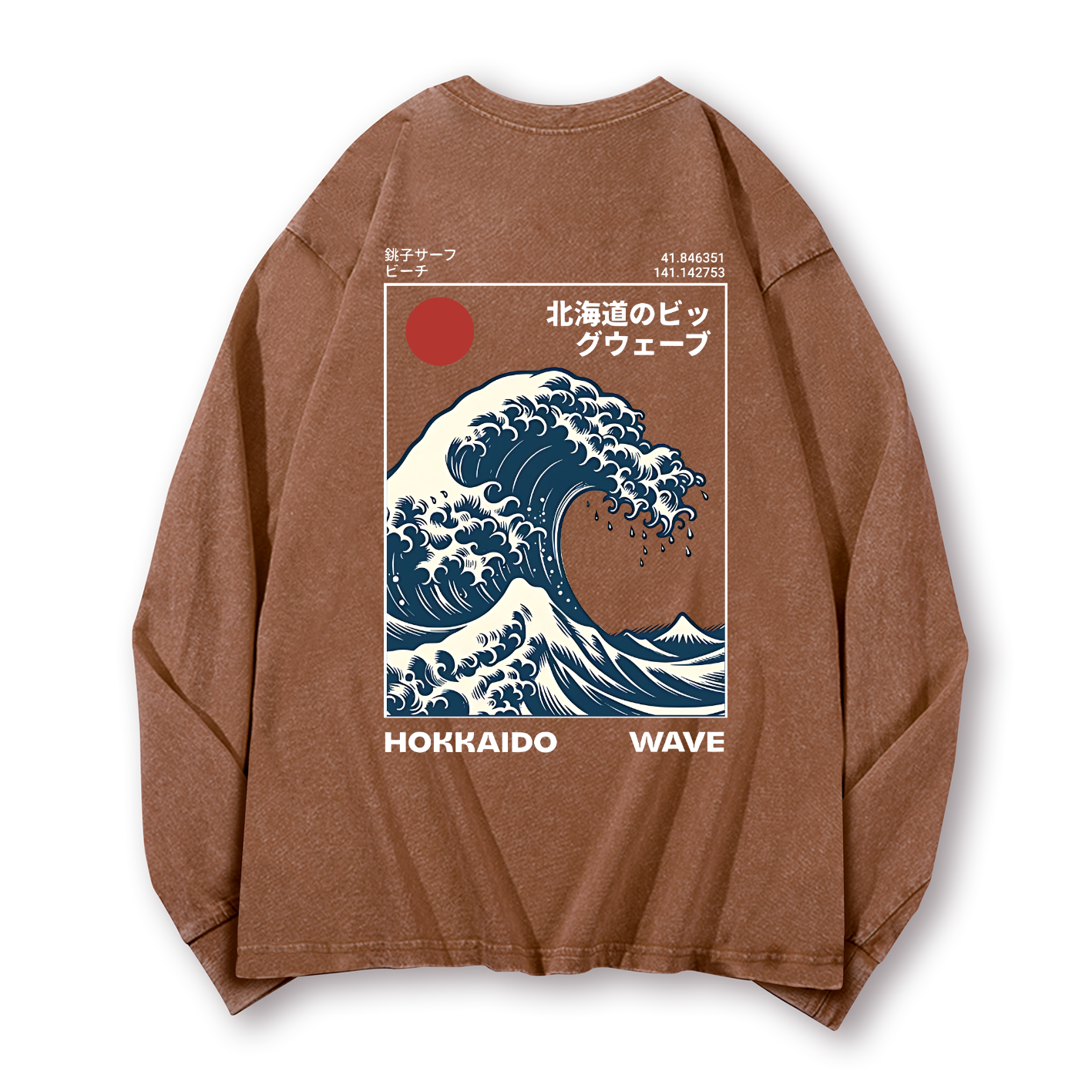 Hokkaido Wave Ukiyoe Vintage Washed Cotton Back Art Long-sleeve T-shirt