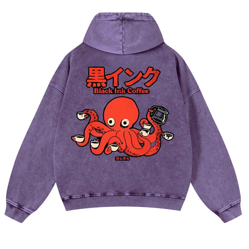 Black Ink Coffee Octopus Vintage Washed Cotton Back Art Hoodie