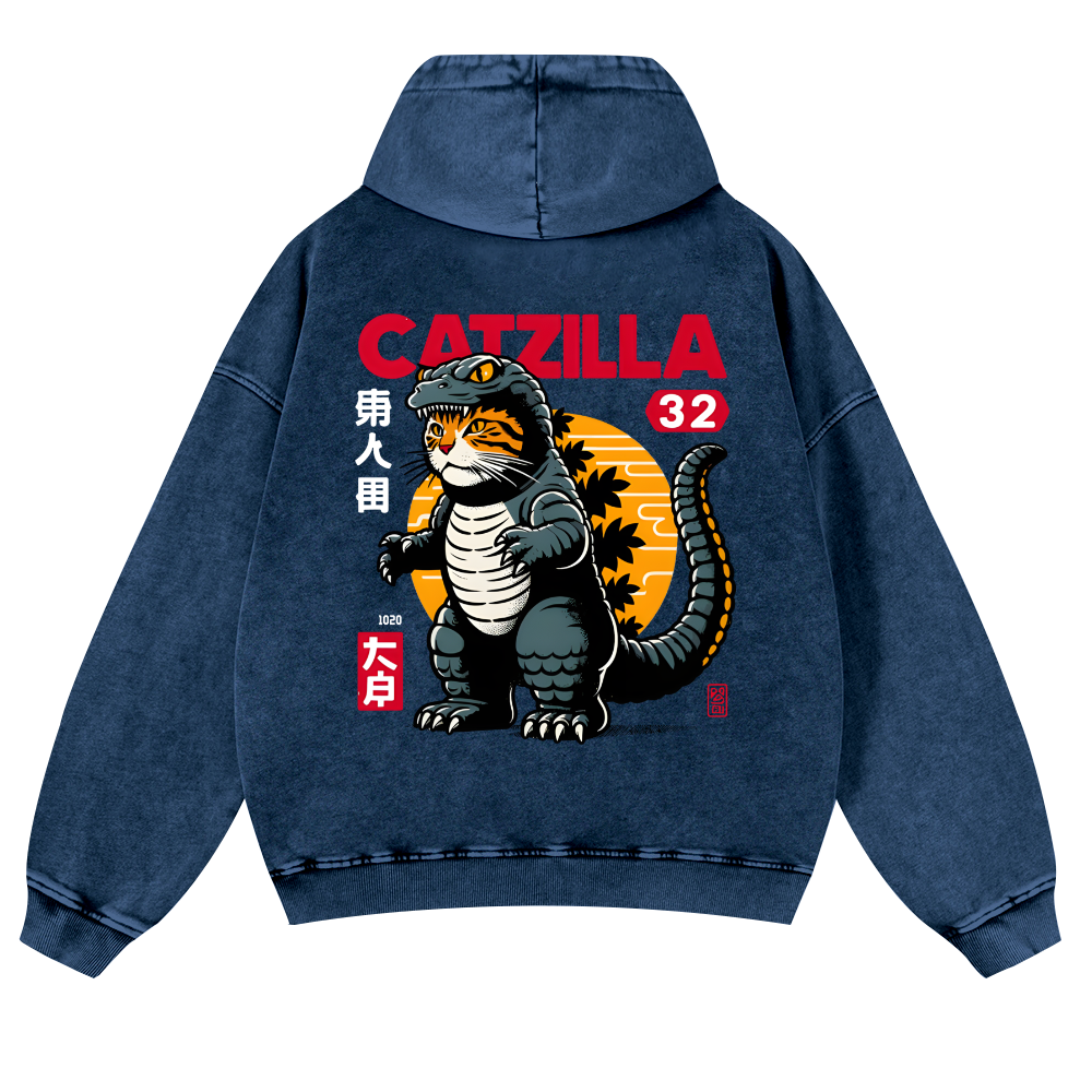 Cat Kaiju Catzilla Vintage Washed Cotton Back Art Hoodie